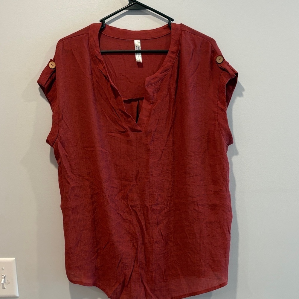 Perseption Deep Red Button-Sleeve Blouse